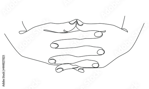 Silhouettes of human hands folded into a castle, in a modern one line style. Continuous line drawing, aesthetic outline for home decor, posters, wall art, stickers, logo. Vector illustration.