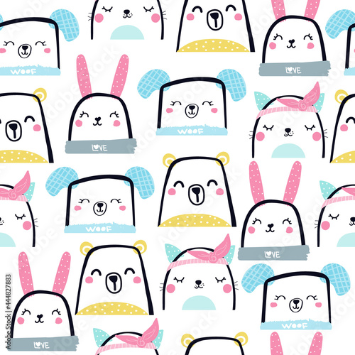 Seamless pattern with funny outline animals. Childish print. Vector hand drawn illustration.