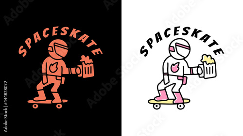 astronaut rides on skateboard and holding beers. illustration for t-shirt, poster, logo, sticker, or merchandise. 
