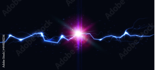 Lightning strike collision, thunder flash battle versus, electric shock strike, battery charge, fireball vector illustration photo