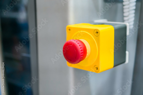 Wallpaper Mural Machine control panel with power red switch button - emergency stop at factory, plant - close up, selective focus. Industrial, electronic, technology equipment concept Torontodigital.ca