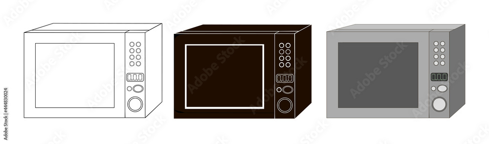 Set of three microwave ovens in black flat, outline and isometric style. Stock vector illustration isolated on white background. Set of three microwave ovens in black flat, outline and isometric style. Stock vector illustration isolated on white background.