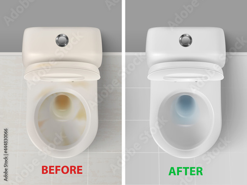 Vector 3d Realistic Clean and Dirty White Ceramic Toilet in the Bathroom, Toilet Room. Opened Toilet Bowl with Lid. Plumbing, Mockup, Design Template for Interior, Cleaning, Hygiene Concept. Top View