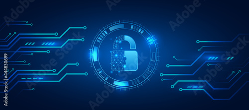 Protection from virus attack. Global antivirus secure system. Abstract blue background with various technology elements. Futuristic padlock vector illustration. Cyber attack protection.