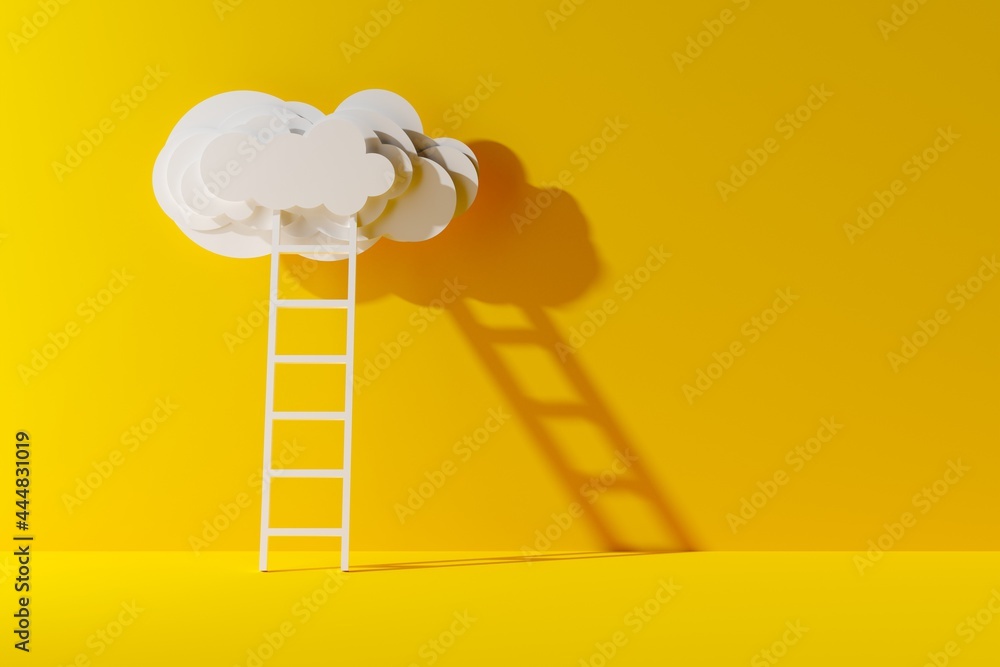 Ladder leading to white paper cut cloud over yellow background, success, achievement or career opportunity concept Ladder leading to white paper cut cloud over yellow background, success, achievement or career opportunity concept