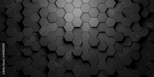 Black hexagon honeycombs random shifted mosaic abstract background pattern geometrical design with light from top © Shawn Hempel