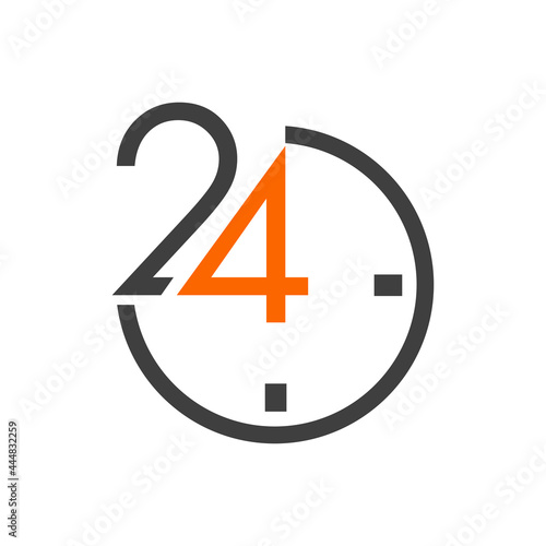 Servicio 24 horas. Logotipo con 24 en esfera de reloj simple con lineas en color naranja y gris