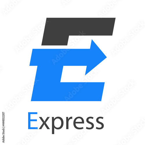 Logo con palabra Express con letra E con forma de flecha en color azul y gris