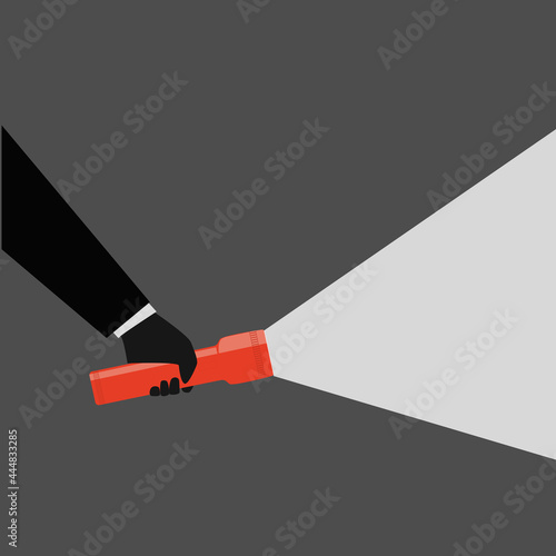 hand with a flashlight shining on a dark background, vector illustration