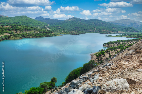 A blue lake and sky among green mountains at Gokceada, Imbros Canakkale Turkey