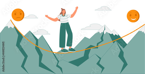Emotional balance as good feeling choice over bad mood tiny person concept. Female on slackline as tight emotion control with unstable mental state vector illustration. Choose your face expression.