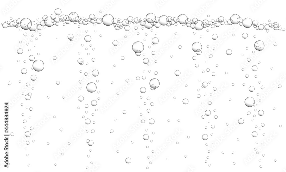Fizzy drink, carbonated water, seltzer, beer, soda, champagne or sparkling wine texture. Oxygen bubbles background. Underwater stream in ocean, sea or aquarium. Vector realistic illustration.