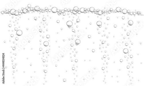 Fizzy drink, carbonated water, seltzer, beer, soda, champagne or sparkling wine texture. Oxygen bubbles background. Underwater stream in ocean, sea or aquarium. Vector realistic illustration.