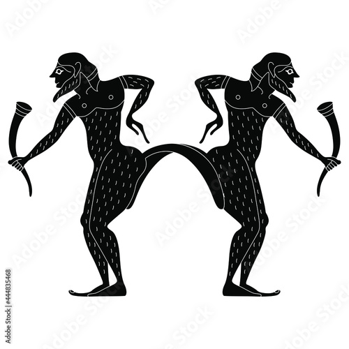 Symmetrical design with two ancient Greek satyrs or Silenus holding rhytons of wine. Vase painting style. Fantastic mythological creature. Black and white negative silhouette.