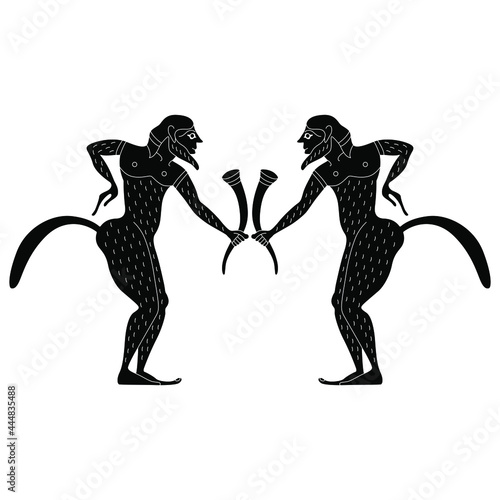 Symmetrical design with two ancient Greek satyrs or Silenuses holding rhytons of wine. Vase painting style. Fantastic mythological creature. Black and white negative silhouette.
