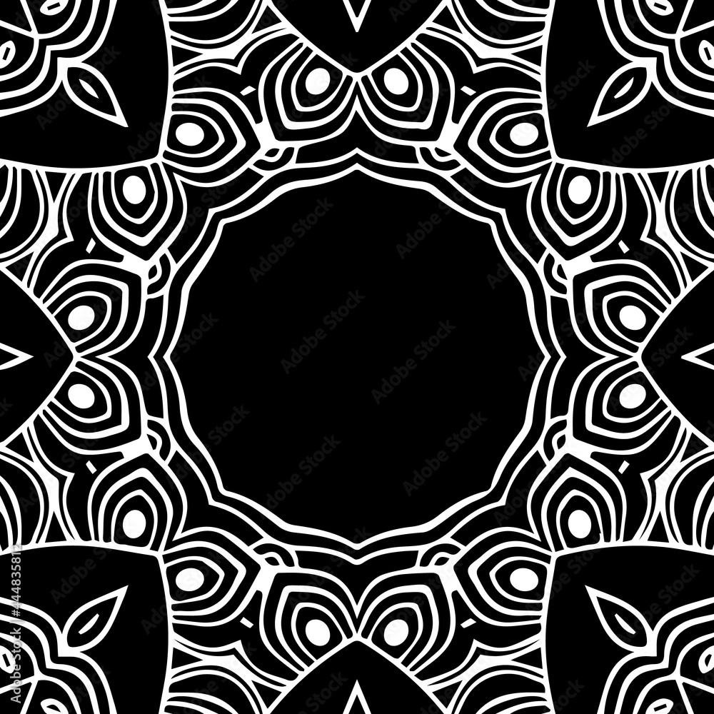 Ethnic pattern in the style of oriental, Indian handmade. Geometric isolated black white unique frame for text. Template for creativity, coloring, design.