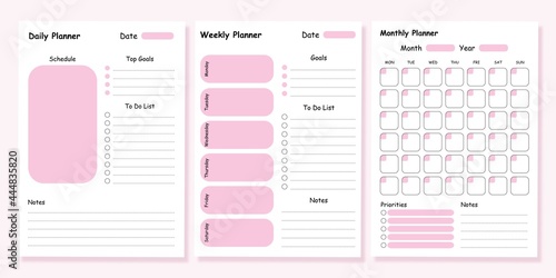 Modern collection of daily weekly monthly planner printable template with pink ellements. Collection of note paper, to do list, stickers templates. Blank white notebook page A4 photo