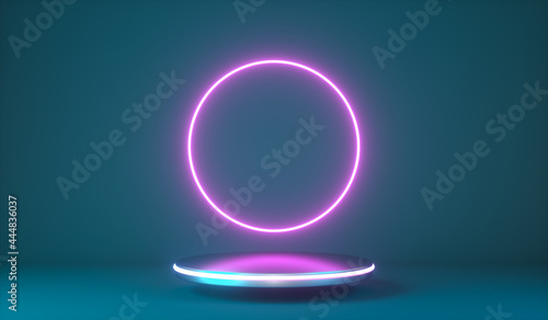 flight through circle neon, pink light, moving fashion podium, abstract background. 3d render