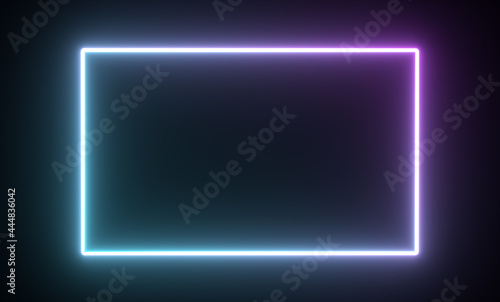 Shiny neon rectangle frame, light geometric shapes. 3d render