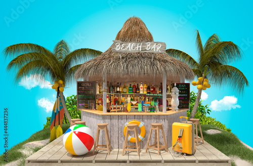 Palm trees with coconuts and a beach bar on a sandy tropical island.