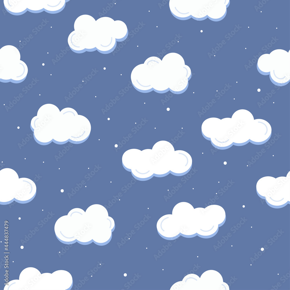 Seamless pattern with white cloud and snowflakes on blue background. Snowfall print Seamless pattern with white cloud and snowflakes on blue background. Snowfall print
