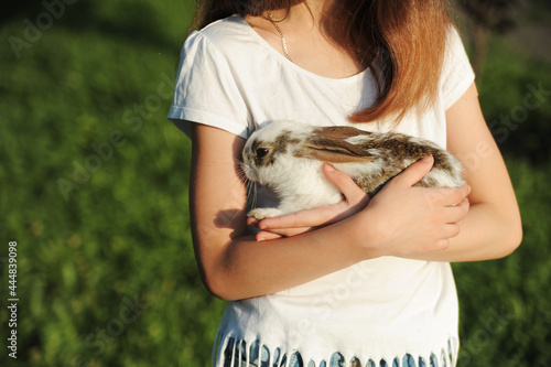 The girl hugs a little cute rabbit. Rabbit symbol of Easter. Friendship between child and animal concept. photo