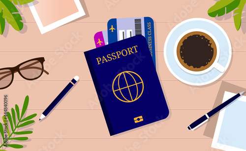 Passport and plane tickets on table - Ready to travel on vacation early morning with coffee. Vector illustration