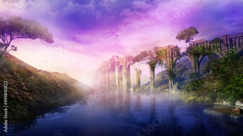 Fantastic landscape with ancient aqueduct and river, 3D render. © conceptcafe