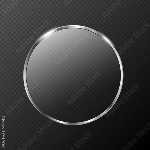 Realistic glass sphere with silver frame. Big transparent glossy 3d ball with glares and shadow isolated on black background. Beautiful round circle globe with highlights. Vector illustration EPS10