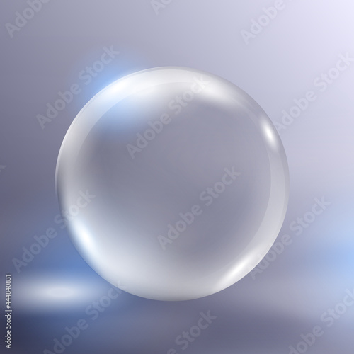 Realistic glass sphere, vector illustration EPS10. Big transparent glossy 3d ball with blue glares  and shadow isolated on gray abstract background. Beautiful globe with highlights