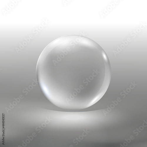 Realistic glass sphere, vector illustration EPS10. Big transparent glossy 3d ball with glares and shadow isolated on gray abstract background. Beautiful globe with highlights