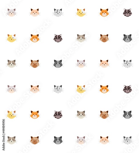 White background pattern with cat faces. Colorful cute pet wallpaper.