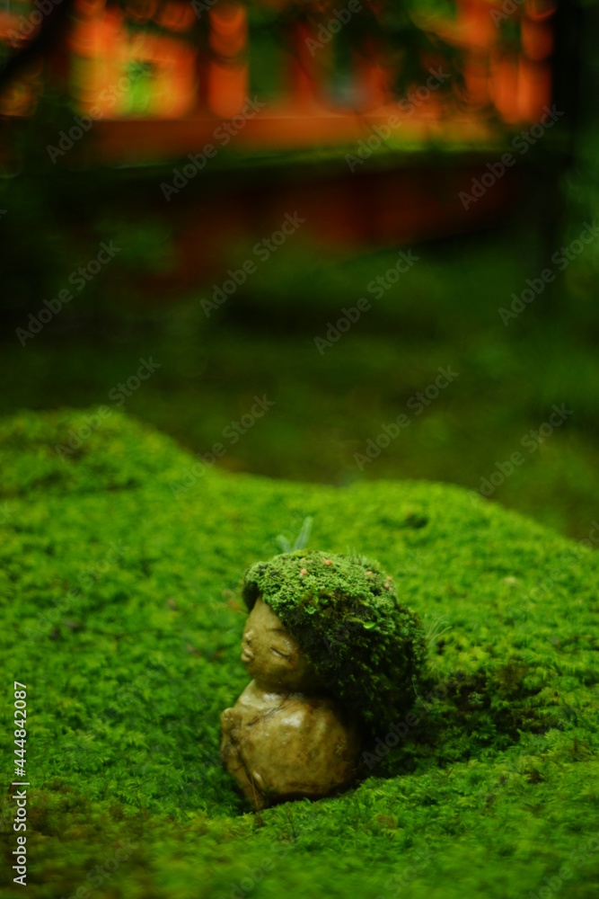 Smiled stone statue in japanese moss garden of Sanzenin, Kyoto Smiled stone statue in japanese moss garden of Sanzenin, Kyoto