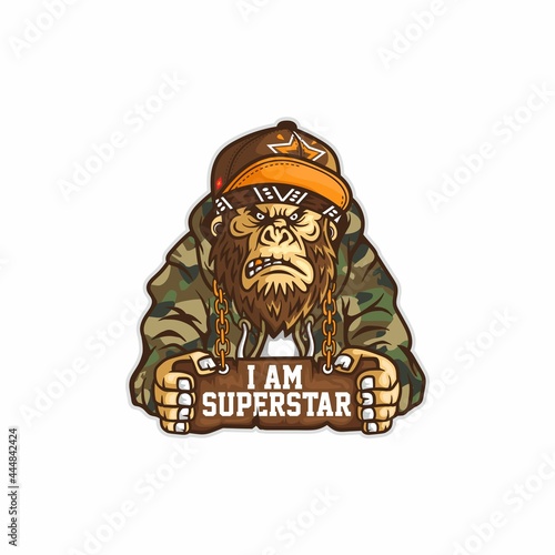 Hiphop superstar Character monkey kong with board in the hands use army hoody snapback and bandana