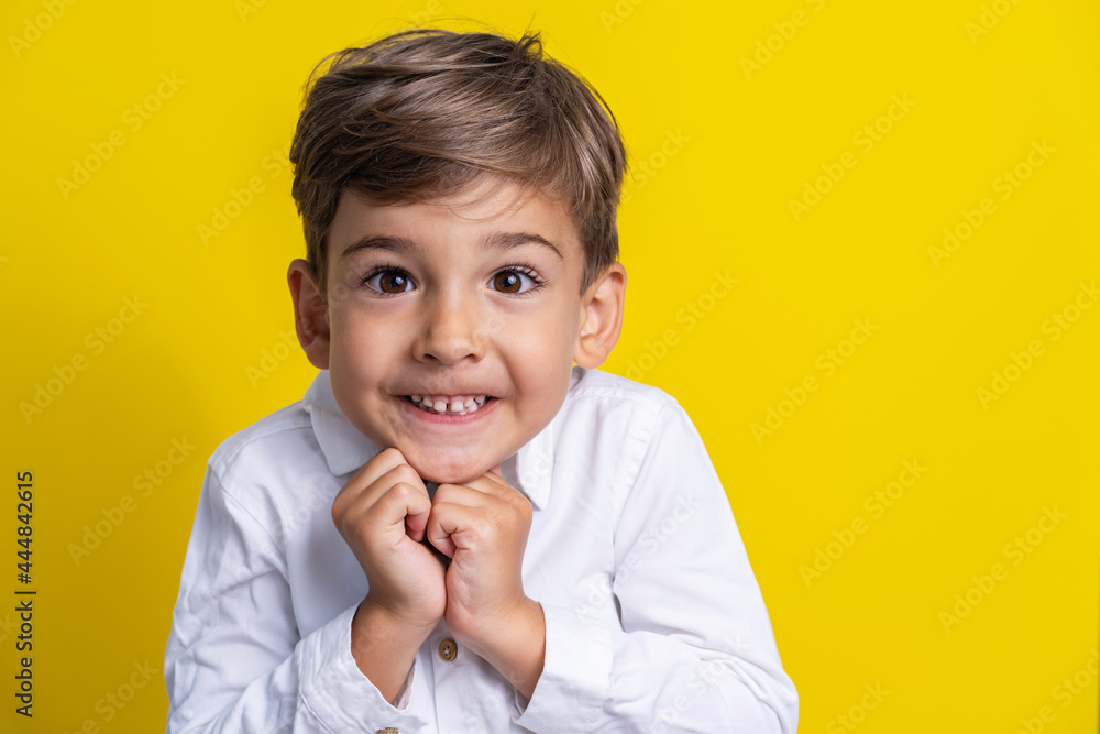 Front view of small caucasian boy four years old standing in front of yellow background studio shot child making poses looking to the camera surprised or impatient copy space Front view of small caucasian boy four years old standing in front of yellow background studio shot child making poses looking to the camera surprised or impatient copy space