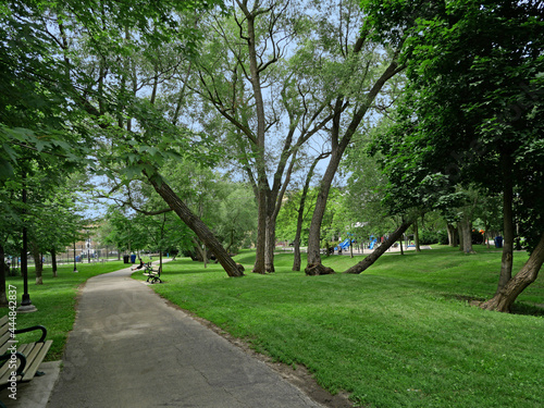 Local neighborhood park in an urban area with grass, shade trees, and benches around a path © Spiroview Inc.
