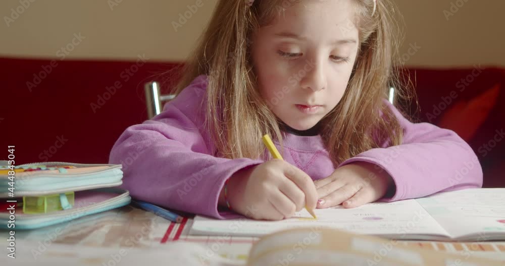 Cute little girl at home doing homework drawing on school's book
Cute little girl at home doing homework drawing on school's book