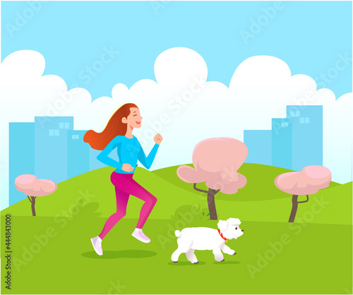Woman running on the park with her dog
