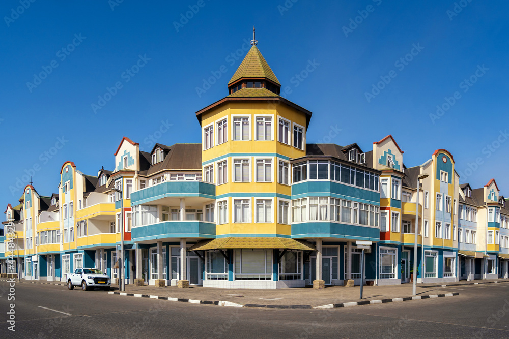 Naklejka premium Colourful colonial buildings in coastal town of Swakopmund in Namibia, southwest Africa. 