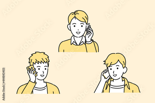 連絡を取る　電話する　若い男性達　友達　若者　笑顔　携帯電話　通話　イラスト素材