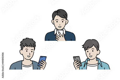連絡を取る　スマホでやり取りする　若い男性達　友達　若者　笑顔　携帯電話　イラスト素材