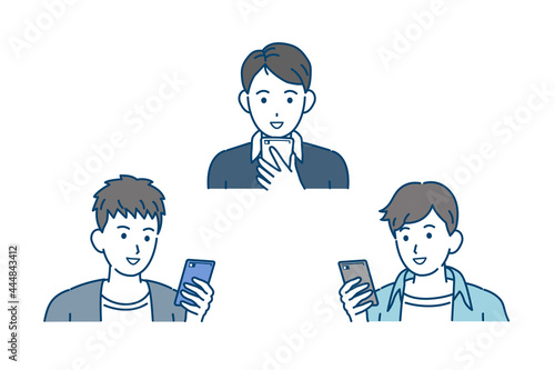 連絡を取る　スマホでやり取りする　若い男性達　友達　若者　笑顔　携帯電話　イラスト素材