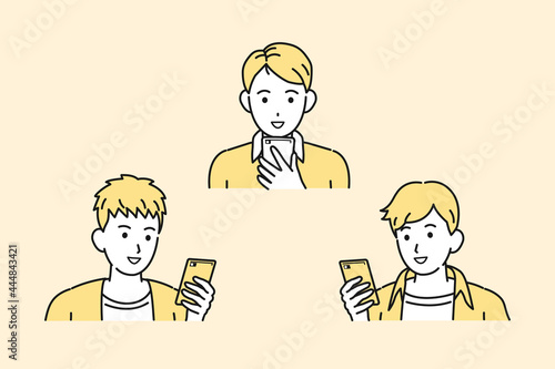 連絡を取る　スマホでやり取りする　若い男性達　友達　若者　笑顔　携帯電話　イラスト素材