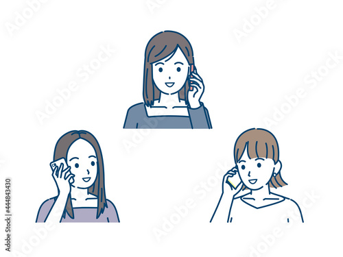 連絡を取る　電話する　若い女性達　友達　若者　笑顔　携帯電話　通話　イラスト素材