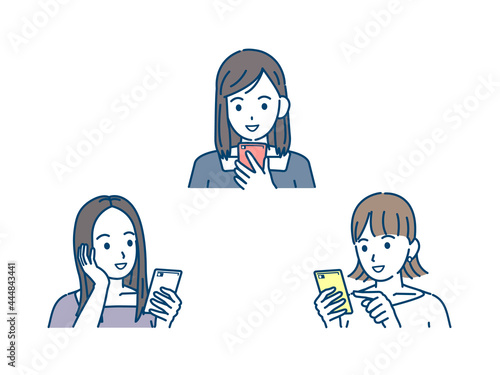 連絡を取る　スマホでやり取りする　若い女性達　友達　若者　笑顔　携帯電話　イラスト素材