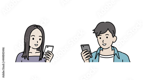 連絡を取る　スマホでやり取りする　若い男女　カップル　若者　笑顔　携帯電話　イラスト素材