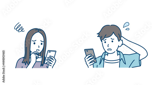 連絡を取る　スマホでやり取りする　若い男女　カップル　若者　困る　不安　悩む　問題　イラスト素材