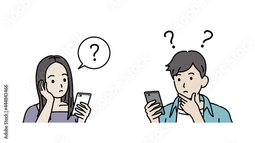 連絡を取る　スマホでやり取りする　若い男女　カップル　若者　疑問　考える　？　イラスト素材