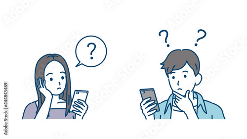 連絡を取る　スマホでやり取りする　若い男女　カップル　若者　疑問　考える　？　イラスト素材