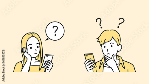 連絡を取る　スマホでやり取りする　若い男女　カップル　若者　疑問　考える　？　イラスト素材